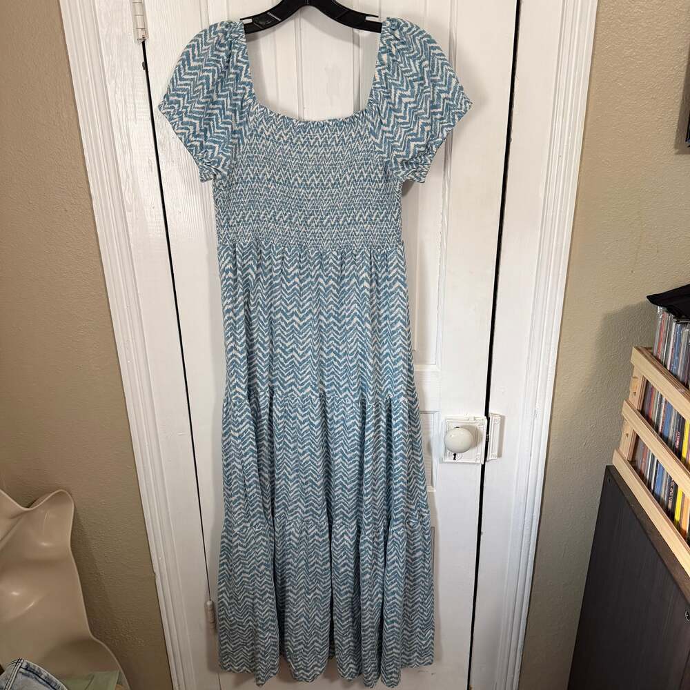 Daily Practice Anthropologie Blue White Chevron Smocked Tiered Maxi Dress Small - Picture 4 of 8